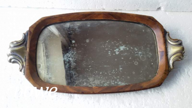 Vendita antico vassoio legno con specchio e manici ottone